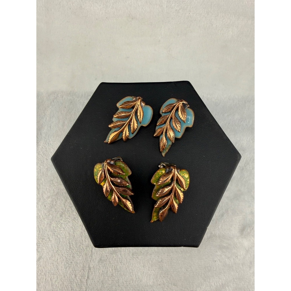 Vintage Matisse Renoir Clip On Earrings Set of 2 Copper Enamel Leaf